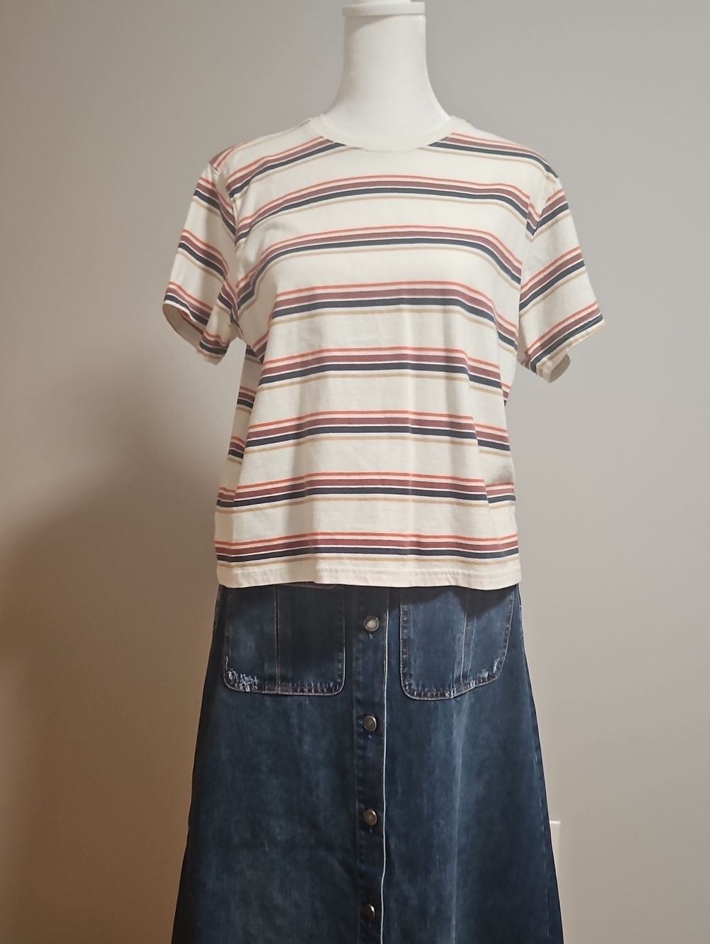 L.L. Bean Cream Striped Short Sleeve Tee with Rust and Navy Stripes